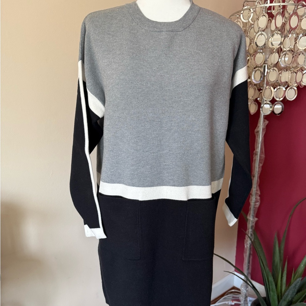 NWOT Morgan size M sweater dress, black and grey with white stripes.